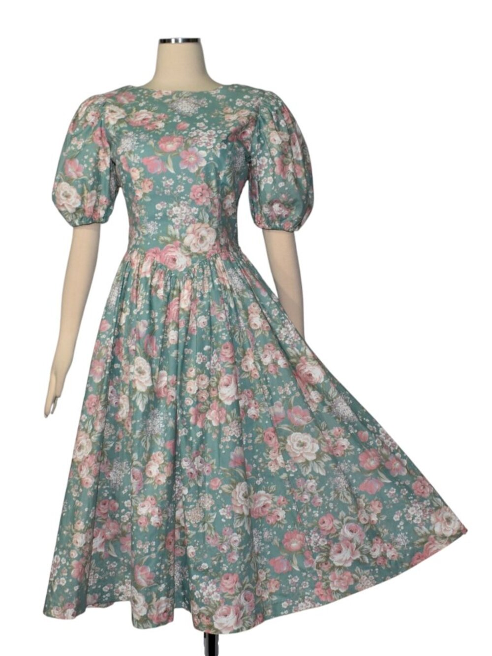 Vintage 1980s Cotton Floral Midi Dress Puff Sleeve Tie Back Bow Romantic Cottage